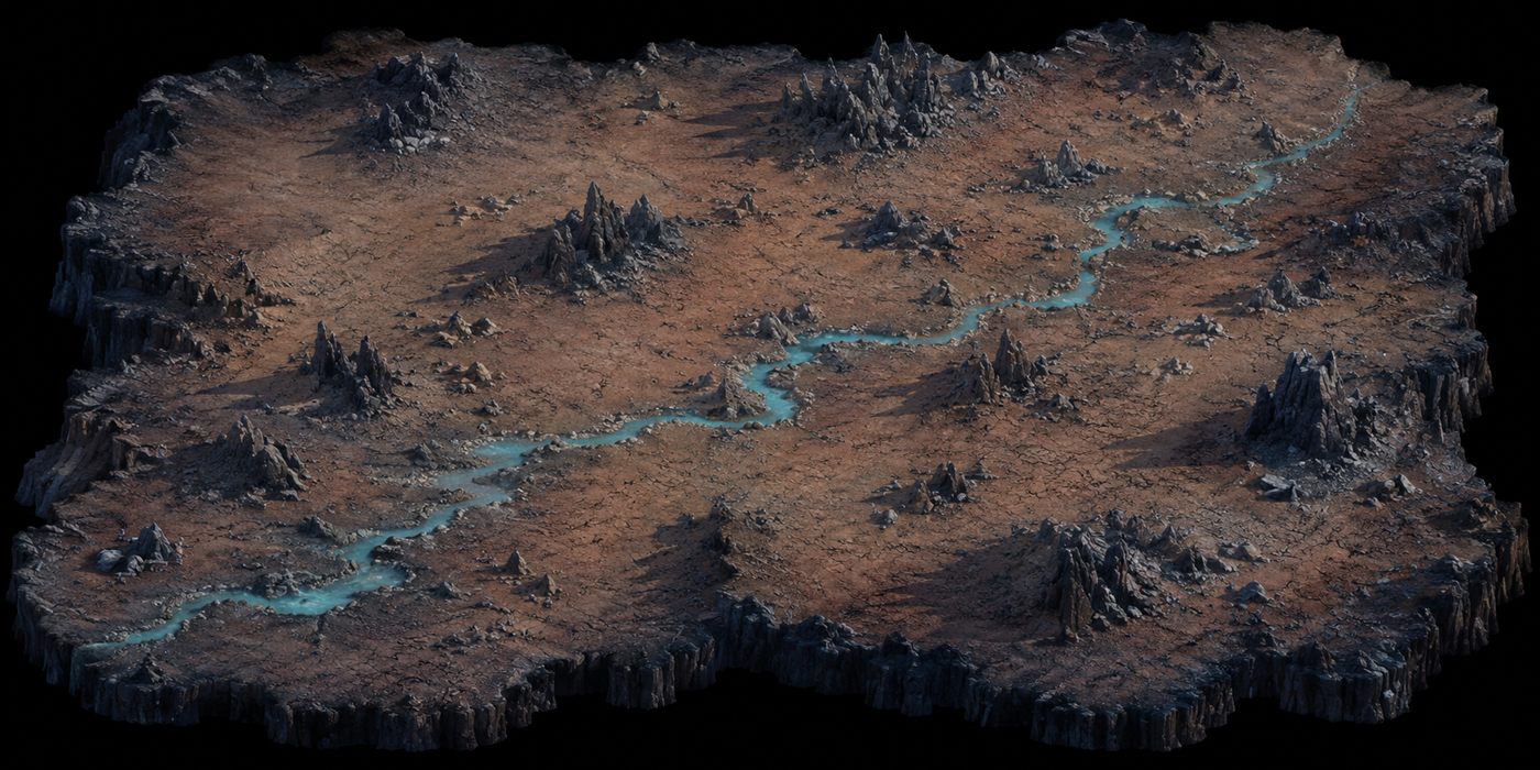 Der Heimatplanet: eine zerklüftete Hochebene aus rotem Fels, durchzogen von einem türkisen Fluss.